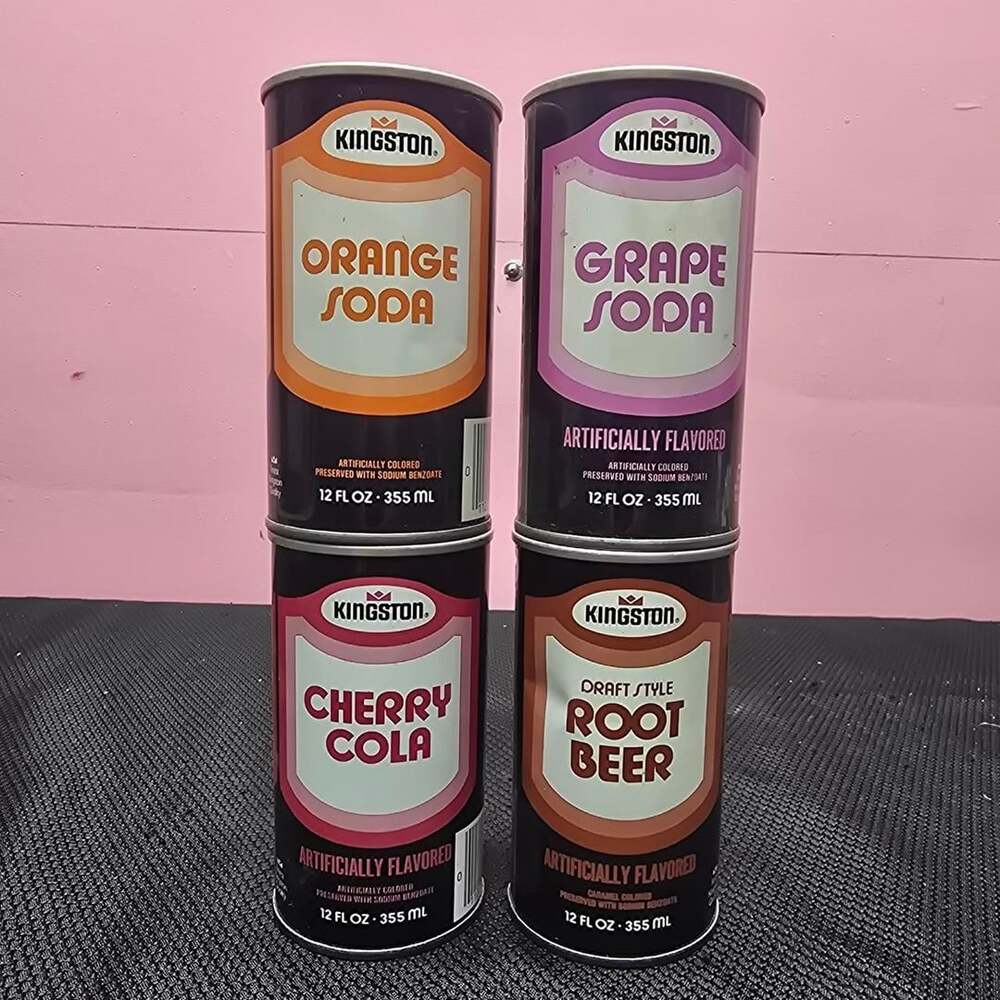 Vintage Kingston Soda Pop 4-Pack Steel Cans Orange Grape Cherry Root Beer